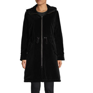 NWT JANE POST BLACK VELVET HOODED RAIN PARKA COAT $650 SIZE MEDIUM